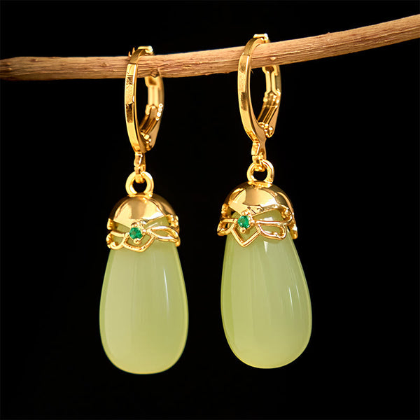 Buddha Stones Green Chalcedony Water Drop Strength Copper Posts Earrings