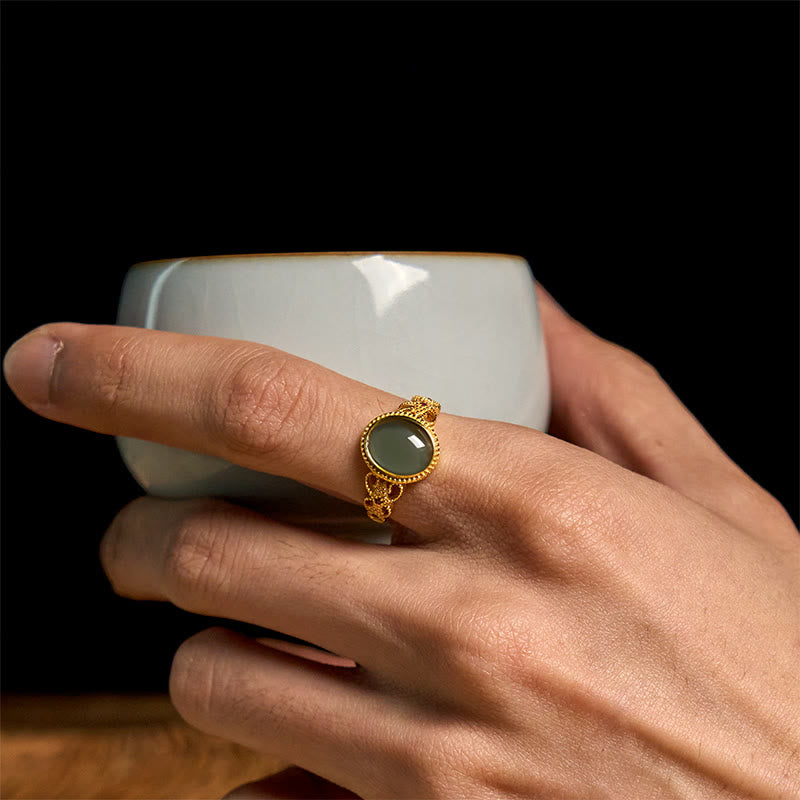 Buddha Stones Natural 925 Sterling Silver Plated Gold Hollow Design Jade Luck Ring