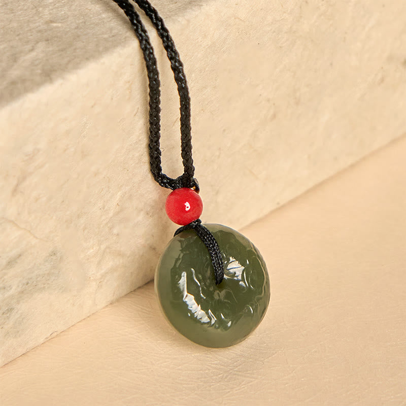 Buddha Stones Peace Buckle Auspicious Clouds Cyan Jade Necklace Luck Pendant