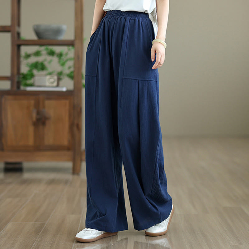 Buddha Stones Plain Pleated Design Ankle-Length Women's Cotton Linen Pants With Pockets