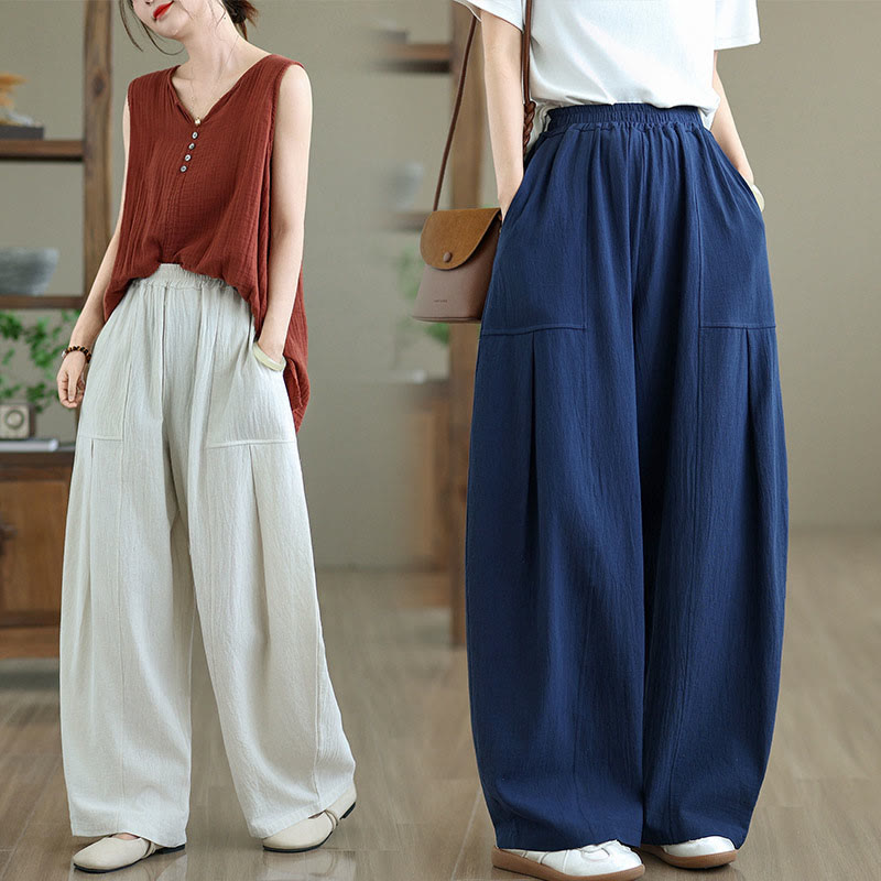 Buddha Stones Plain Pleated Design Ankle-Length Women's Cotton Linen Pants With Pockets