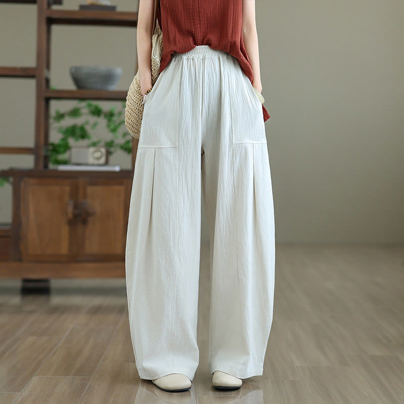 Buddha Stones Plain Pleated Design Ankle-Length Women's Cotton Linen Pants With Pockets