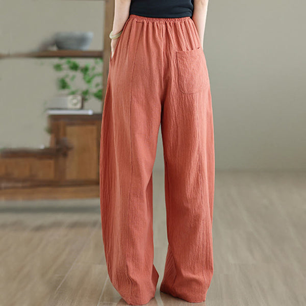 Buddha Stones Plain Pleated Design Ankle-Length Women's Cotton Linen Pants With Pockets