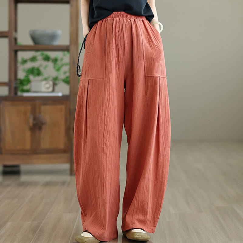 Buddha Stones Plain Pleated Design Ankle-Length Women's Cotton Linen Pants With Pockets