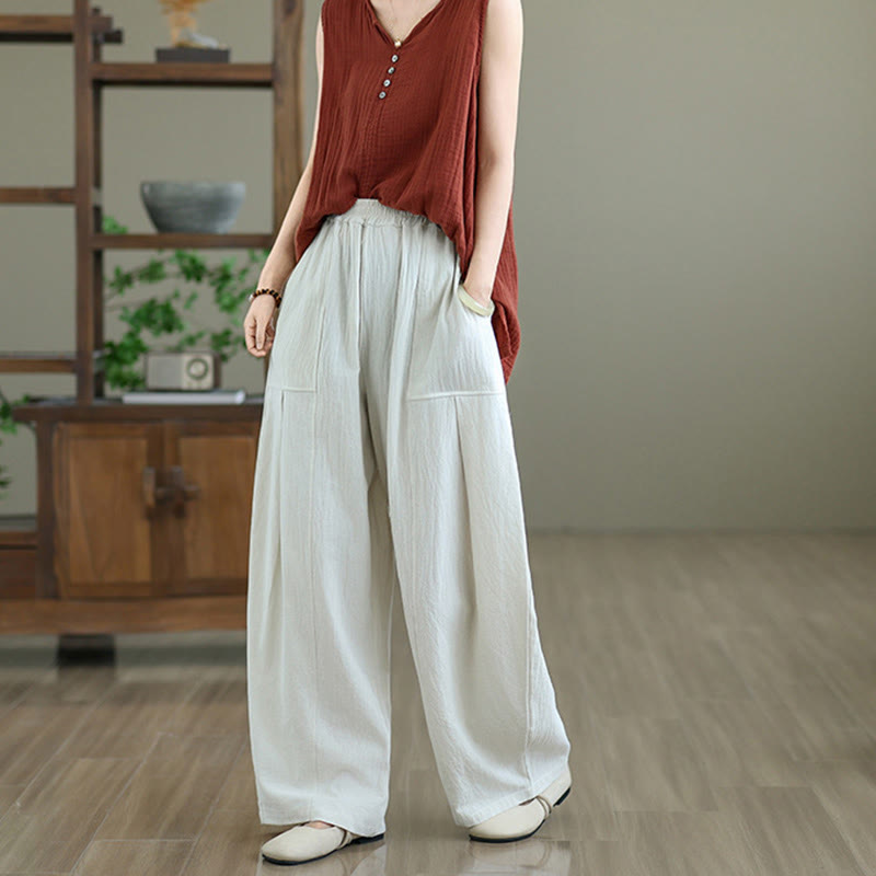 Buddha Stones Plain Pleated Design Ankle-Length Women's Cotton Linen Pants With Pockets