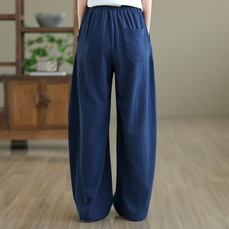 Buddha Stones Plain Pleated Design Ankle-Length Women's Cotton Linen Pants With Pockets