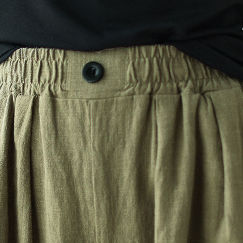 Buddha Stones Commute Button Design Women's Cotton Linen Elastic Waistband Pants With Pockets