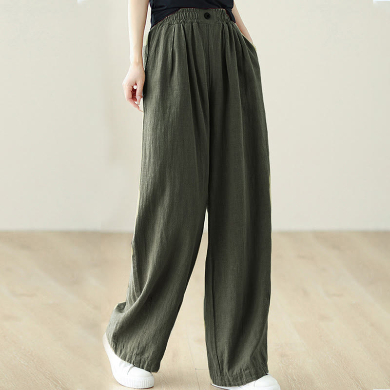 Buddha Stones Commute Button Design Women's Cotton Linen Elastic Waistband Pants With Pockets