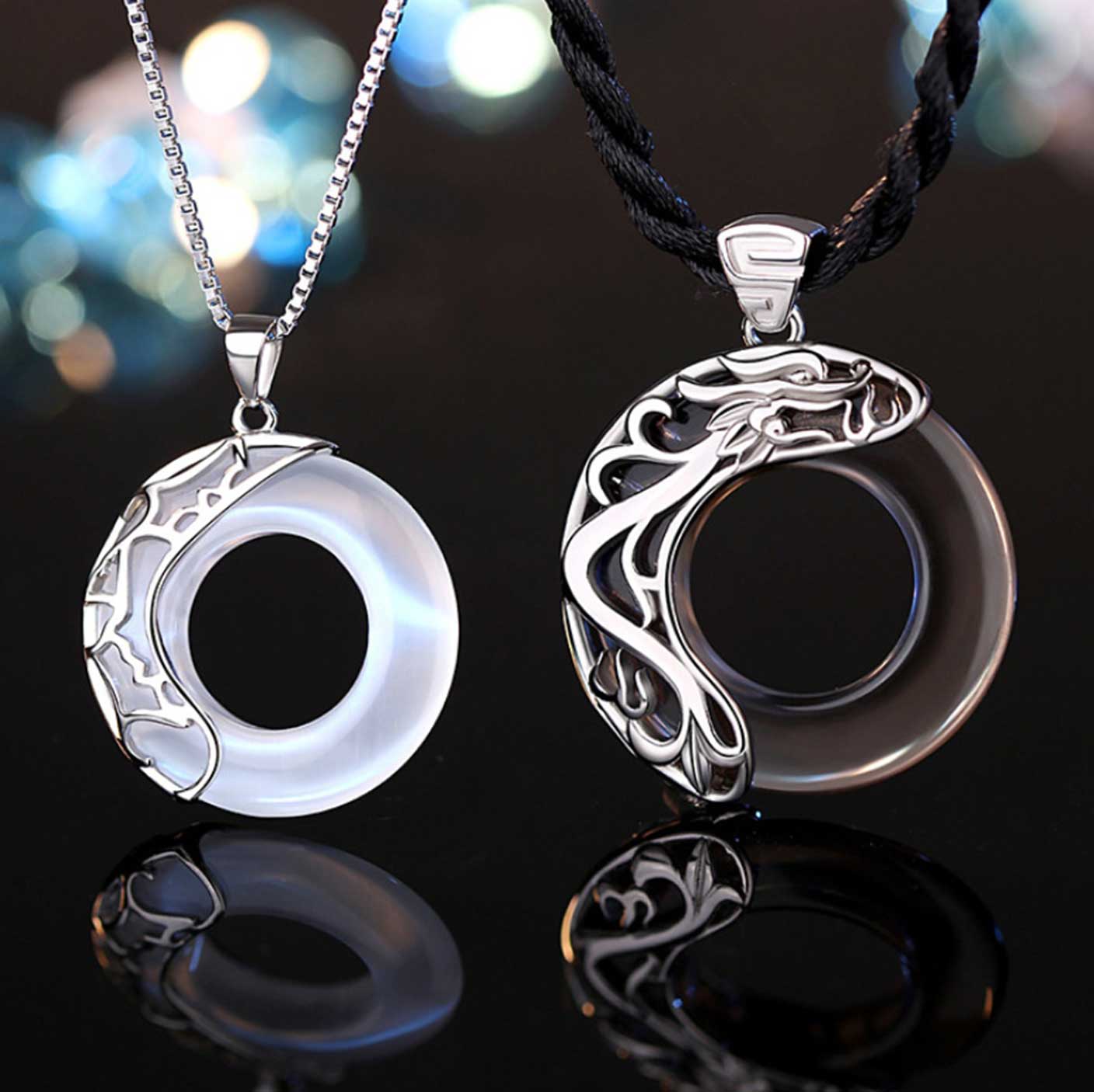 Harmony Guardians Couple Set – Obsidian Dragon & Opal Phoenix Necklaces