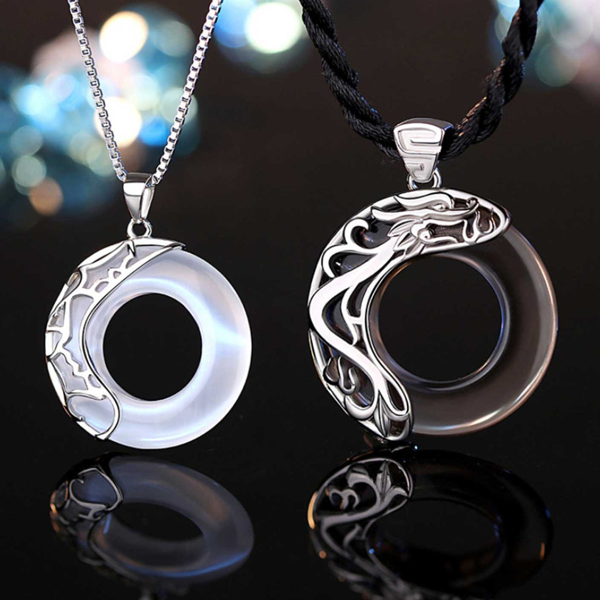 Harmony Guardians Couple Set – Obsidian Dragon & Opal Phoenix Necklaces