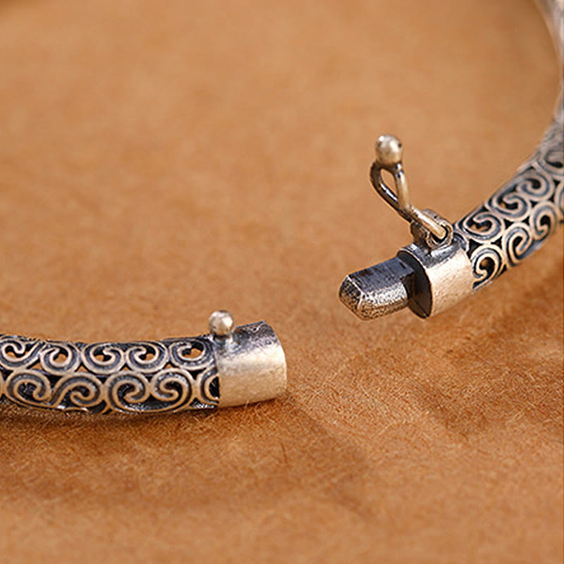 Vintage Tang Dynasty Flower Design Engraved Red Agate Copper Luck Bracelet Bangle